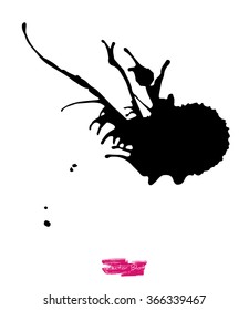 A black handmade vector blot or blob with feather edges and shape of some life-form against white background
