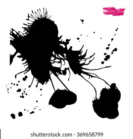 A black handmade vector blot or blob with feather edges and shape of some life-form against white background