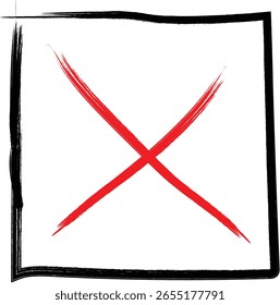 Black hand-painted square frames with red X cross inside and empty centers on white background. Artistic brush style design for warning, cancel, or abstract concepts.