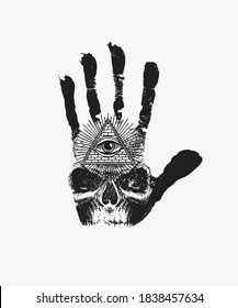 Black Handprint With A Sinister Human Skull And An All-seeing Eye Symbol On A White Background. Vector Hand-drawn Banner On The Theme Of Occultism Or Alchemy With The Third Eye On The Open Palm