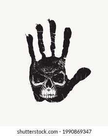 Black handprint with a sinister human skull isolated on a white background. Scary vector banner on the theme of occultism, satanism or alchemy with the hand-drawn skull and cobweb on an open palm