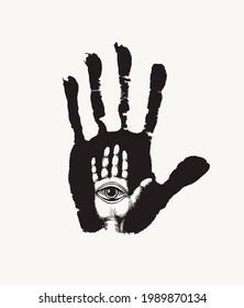 Black handprint with a white human hand and all seeing eye symbol. Vector hand-drawn banner on the theme of occultism or alchemy with the third eye on the open palm in retro style