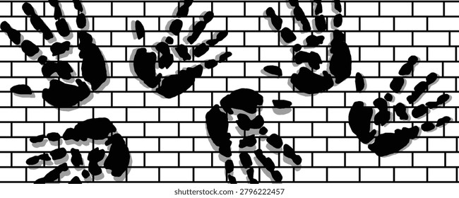 Black handprints starkly mark a textured white brick wall illustration, symbolizing human impact, collective presence, and a powerful message of resistance or memory