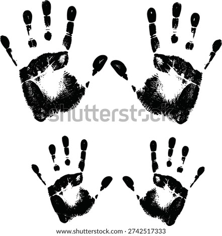 Black handprints symmetrical pattern, ink palm impression, human identity symbol, forensic detail, abstract artistic design, textured vector illustration