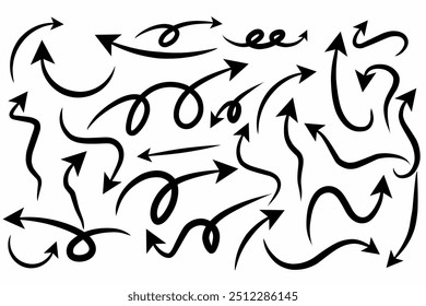Conjunto de flechas dibujadas a mano negras aisladas sobre fondo blanco. colección de punteros de Vector.