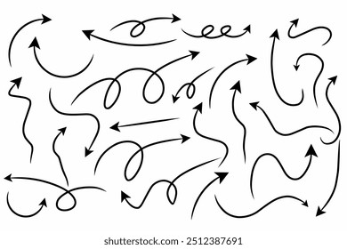 Black handrawn Arrows set isolated on white background. Vector pointers collection.