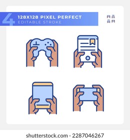 Black hands with amusing gadgets pixel perfect RGB color icons set. Digital devices for entertainment. Isolated vector illustrations. Simple filled line drawings collection. Editable stroke