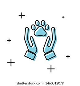 Black Hands with animals footprint icon isolated on white background. Pet paw in heart. Love to the animals.  Vector Illustration