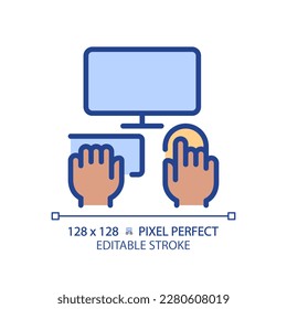 Black hands with computer pixel perfect RGB color icon. Person working on PC. Electronic equipment for work and hobby. Isolated vector illustration. Simple filled line drawing. Editable stroke