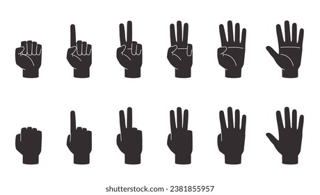 Black hands counting icons. Calculating gesture, human arms silhouettes, front and back view, different fingers numbers, interactive communication signs nowaday vector cartoon flat isolated set