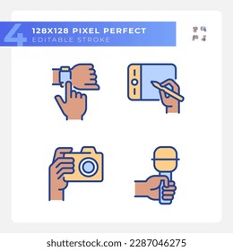 Schwarze Hände mit verschiedenen Geräten Pixel perfekte RGB Farbsymbole gesetzt. Digitale Technologie. Gadget-Nutzungszwecke. Einzige Vektorgrafiken. Einfache Kollektion von ausgefüllten Zeilenzeichnungen. Bearbeitbarer Hub