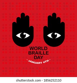 Black hands with eyes and the text world braille day, january 4 th 