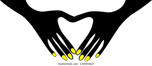 
Black hands folded in the shape of a heart. The concept of love of light and unity of mankind. Banner.