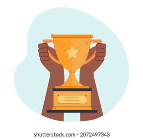 Black hands holding champions cup. Human character winning yellow or golden trophy flat vector illustration. Celebrating, competition concept for banner, website design or landing web page