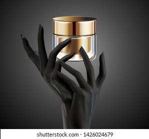 Black hands holding cosmetic cream jar package isolated on background in 3d illustration