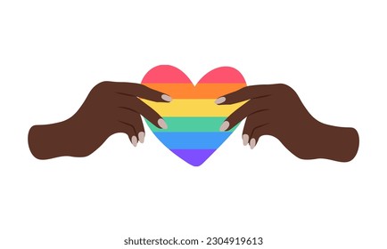 Black Hands holding rainbow heart heart. Gay flag. Gay family. lgbt community sign. Vector illustration