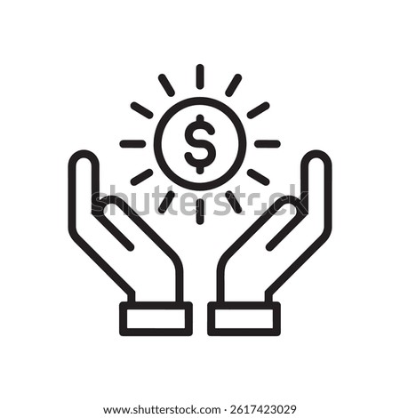 Black Hands Holding a Shining Dollar Coin Icon Representing Financial Support, Wealth Protection, and Economic Security for Banking, Editable Vector Illustration Isolated on a White Background