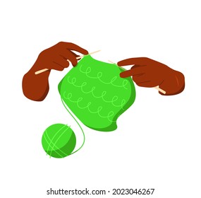 Black hands with knitting needles knit warm clothes. Knitting process. Vector illustration in flat style.