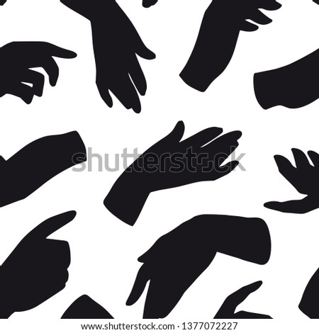 Black hands on white seamless pattern, vector illustration. Hand drawn monochrome texture with human palms, wrists, gestures. Simple flat style, sketch background for fabric, textile, paper