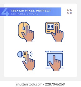 Black hands pressing keys on devices pixel perfect RGB color icons set. Electronic gadgets usage. Isolated vector illustrations. Simple filled line drawings collection. Editable stroke
