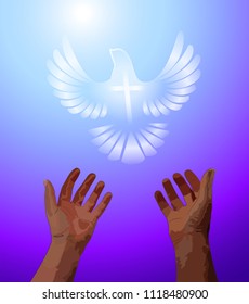 Black Hands Reaching Up In Prayer Towards A Symbolized White Dove With A Cross In A Purple And Blue Sky.