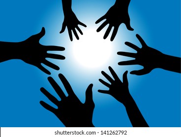 Black hands reaching for the sun with blue sky and light rays - Vector illustration