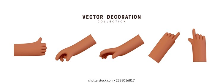 Black Hands set of realistic 3d design in cartoon style. Hand shows different gestures signs. Vector illustration