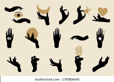 Black hands silhouettes with spiritual symbols such as crescent moon, heart, star, eye, branch, and sun. Black female mystical concept.