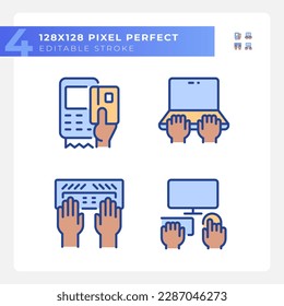Black hands using devices pixel perfect RGB color icons set. Opportunity for technology users. Computing. Isolated vector illustrations. Simple filled line drawings collection. Editable stroke