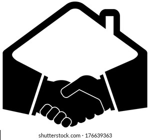 black handshake icon with home roof silhouette