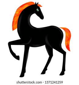 Black handsome horse with fiery mane and fiery tail, magic horse from a fairy tale, vector illustration