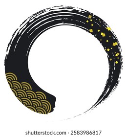 A black handwritten brush stroke line circle frame decorated with Japanese Pattern and gold leaf