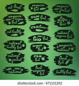Black handwritten healthy logotypes set on green gradient background. Vegan, natural food and drink signs. Farm market, store icons collection. Vector illustration.