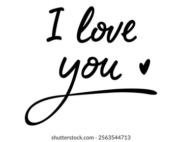 Black handwritten 'I Love You' text with a heart icon isolated on white background. Perfect for Valentine's Day, romantic designs, or love-themed projects