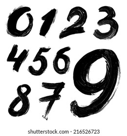 Black handwritten numbers on white background. Acrylic colors.  Vector Illustration. 