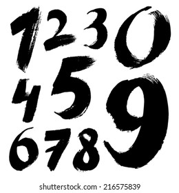 Black Handwritten Numbers On White Background. Acrylic Colors.  Vector Illustration. 