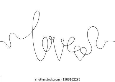 Black handwritten outline he word "love" on a white background. Continuous line art handwritten vector lettering LOVE with heart. Can be used for animation