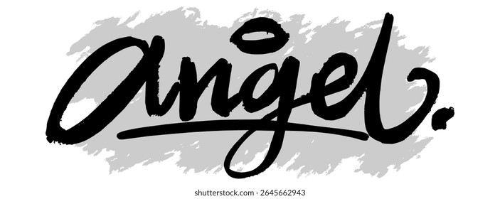 Black handwritten “Angel” word on a soft gray ink-splattered background. Perfect for spiritual, decorative, or inspirational design themes.