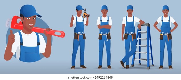 Black Handyman, Maintenance Engineer Character in Various Poses and Gestures holding work tools Vector illustration