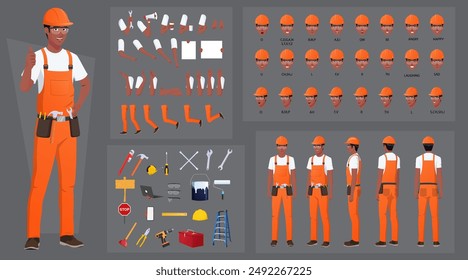 Black Handyman, repairman Character Creation and Animation Pack, African-American Maintenance Engineer Wearing Orange Overalls, Mouth Animation and Lip Sync, Turnaround with Tools and Work Equipment