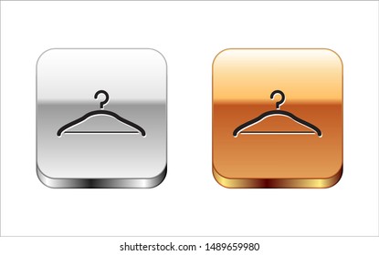 Black Hanger wardrobe icon isolated on white background. Cloakroom icon. Clothes service symbol. Laundry hanger sign. Silver-gold square button. Vector Illustration