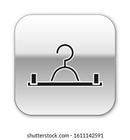 Black Hanger wardrobe icon isolated on white background. Cloakroom icon. Clothes service symbol. Laundry hanger sign. Silver square button. Vector Illustration