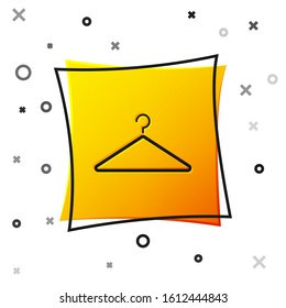 Black Hanger wardrobe icon isolated on white background. Cloakroom icon. Clothes service symbol. Laundry hanger sign. Yellow square button. Vector Illustration