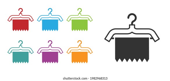 Black Hanger wardrobe icon isolated on white background. Clean towel sign. Cloakroom icon. Clothes service symbol. Laundry hanger. Set icons colorful. Vector