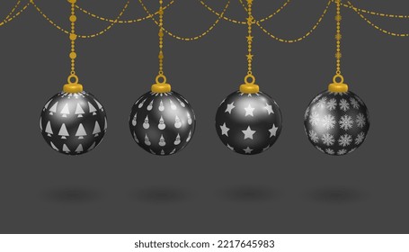 juego de decoración de bola colgante negro, con varios patrones de símbolo, muñeco de nieve, árbol de navidad, estrellas y copos de nieve, navidad decorativa 3d vector realista	