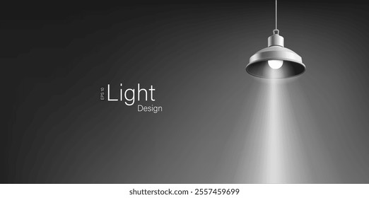 Black hanging chandelier shining on dark background, 3D. Realistic lamp for interior, industry, technology, advertising concepts. Vector illustration.