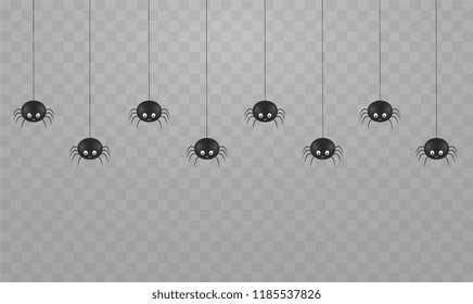Black hanging cute spiders on a transparent background. Scary spiders on cobwebs for Halloween.