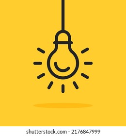 black hanging lightbulb on yellow background. concept of aha moment or quizz sign or easy think outside the box. simple outline trend more efficiency logotype graphic web design element