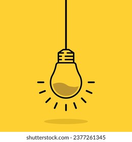 black hanging lightbulb on yellow background. concept of aha moment or quizz sign or easy think outside the box. simple outline trend more efficiency logotype graphic web design element