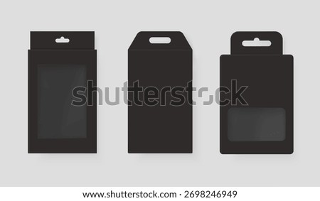 Black hanging packaging. Realistic paper box with hang tab, package mockup for product display plastic window transparent hole pvc bag accessory blank container vector illustration